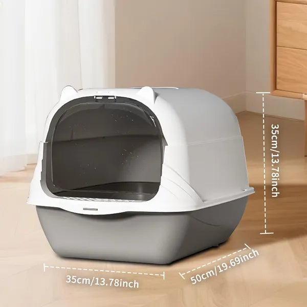 Fully Enclosed Cat Litter Box with Scoop and Litter Mat, Gray - Size Reference