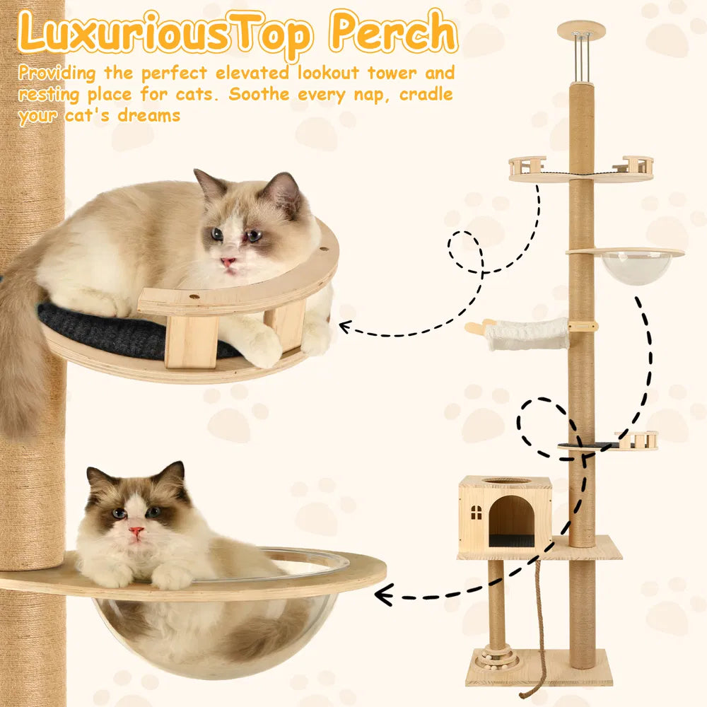 Floor to Ceiling Cat Tree, 6 Level Adjustable Climbing Tower with Hammock - Image 6 of 7