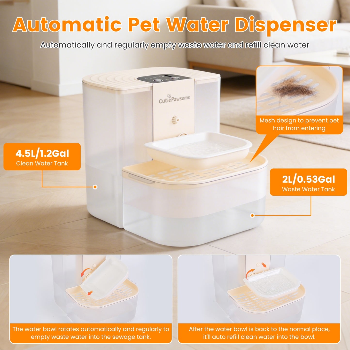 Smart Pet Water Fountain 4.5L, Cordless Rechargeable with Remote Control - Side Angle