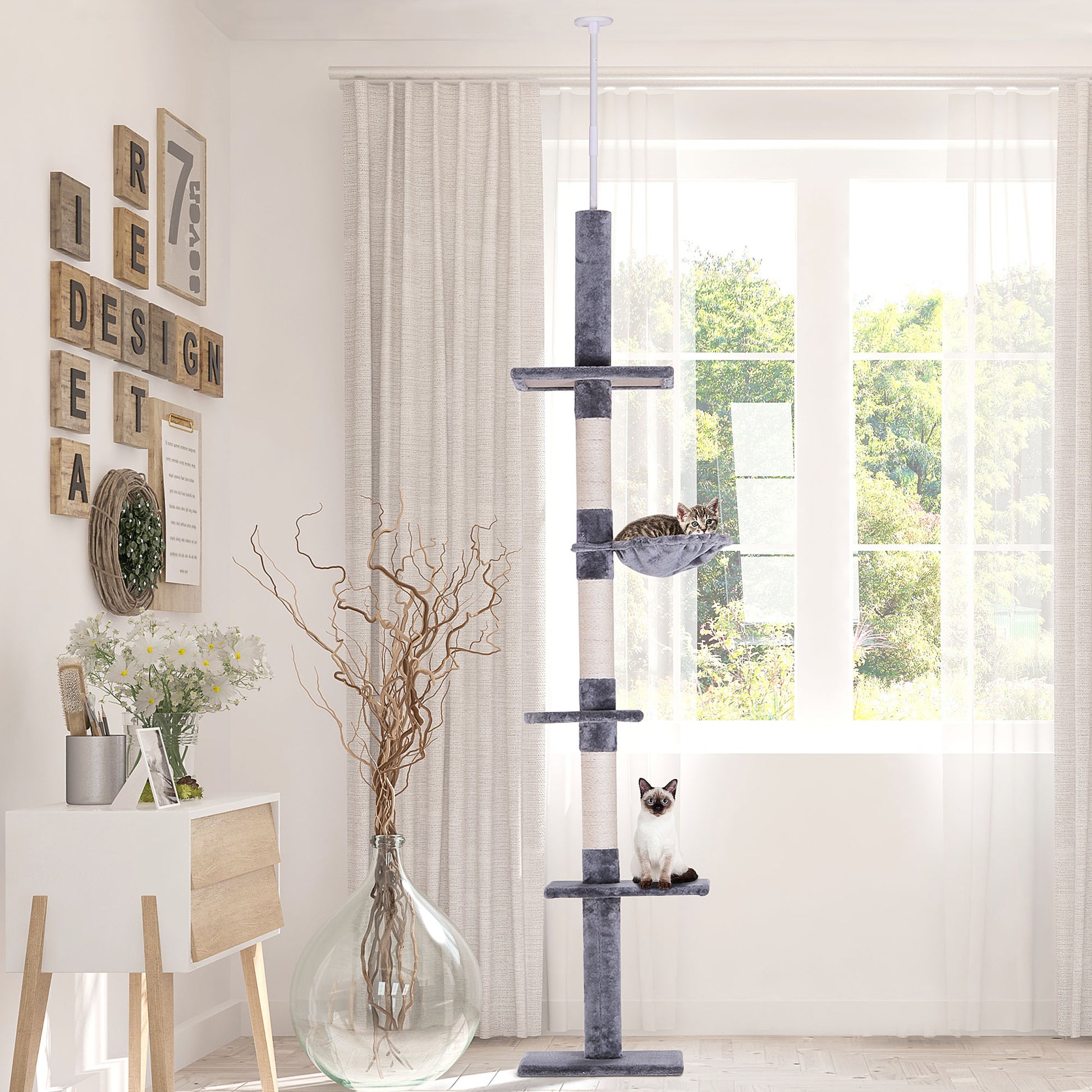 Adjustable Floor to Ceiling Cat Tree, 5 Level Tower with Scratching Posts and Hammock - Main Product Image