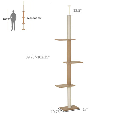 Floor to Ceiling Cat Tree with Sisal Scratching Posts, Natural Wood Activity Center - Detailed View