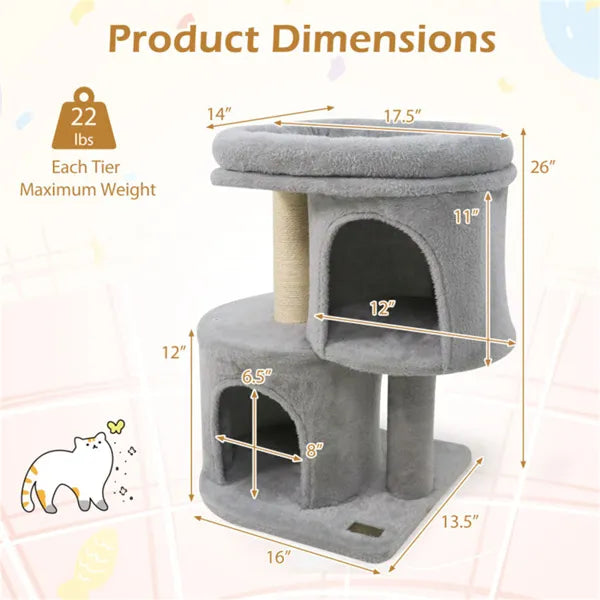 26 Inch Compact Cat Tree with 2 Condos and Sisal Scratching Posts - Features and Details