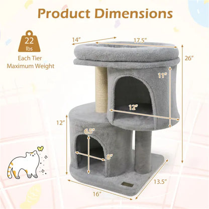 26 Inch Compact Cat Tree with 2 Condos and Sisal Scratching Posts - Features and Details