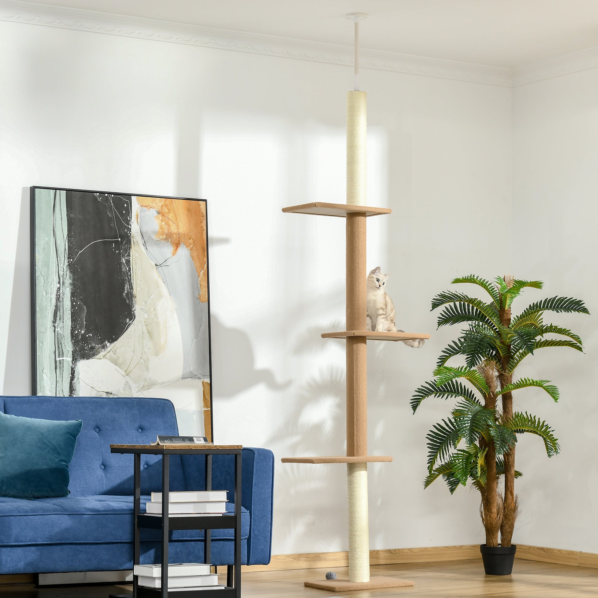 Floor to Ceiling Cat Tree with Sisal Scratching Posts, Natural Wood Activity Center - Features and Details