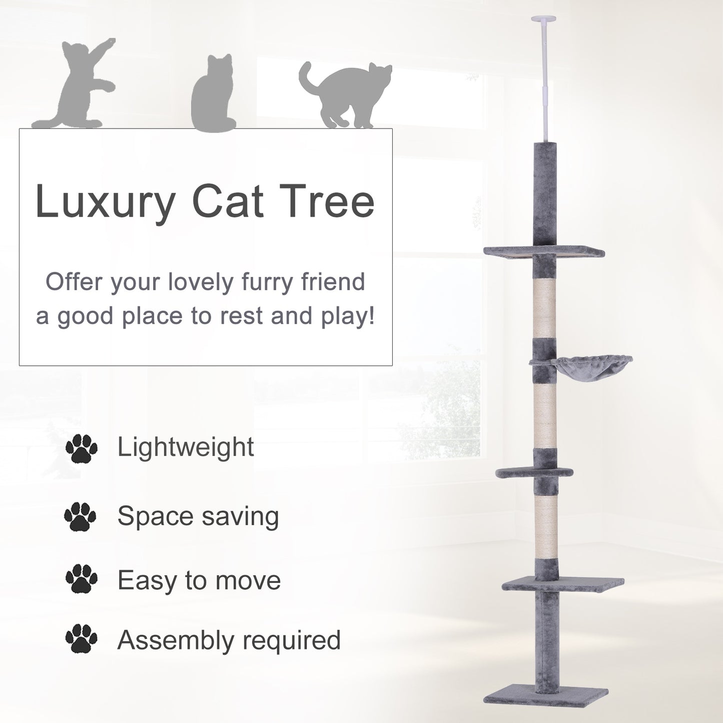 Adjustable Floor to Ceiling Cat Tree, 5 Level Tower with Scratching Posts and Hammock - Detailed View