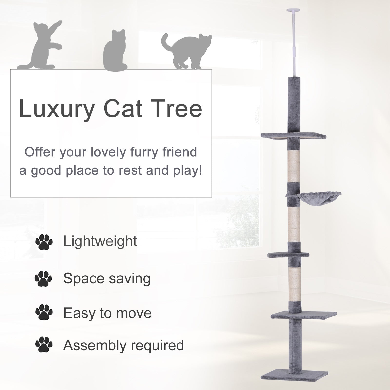 Adjustable Floor to Ceiling Cat Tree, 5 Level Tower with Scratching Posts and Hammock - Detailed View