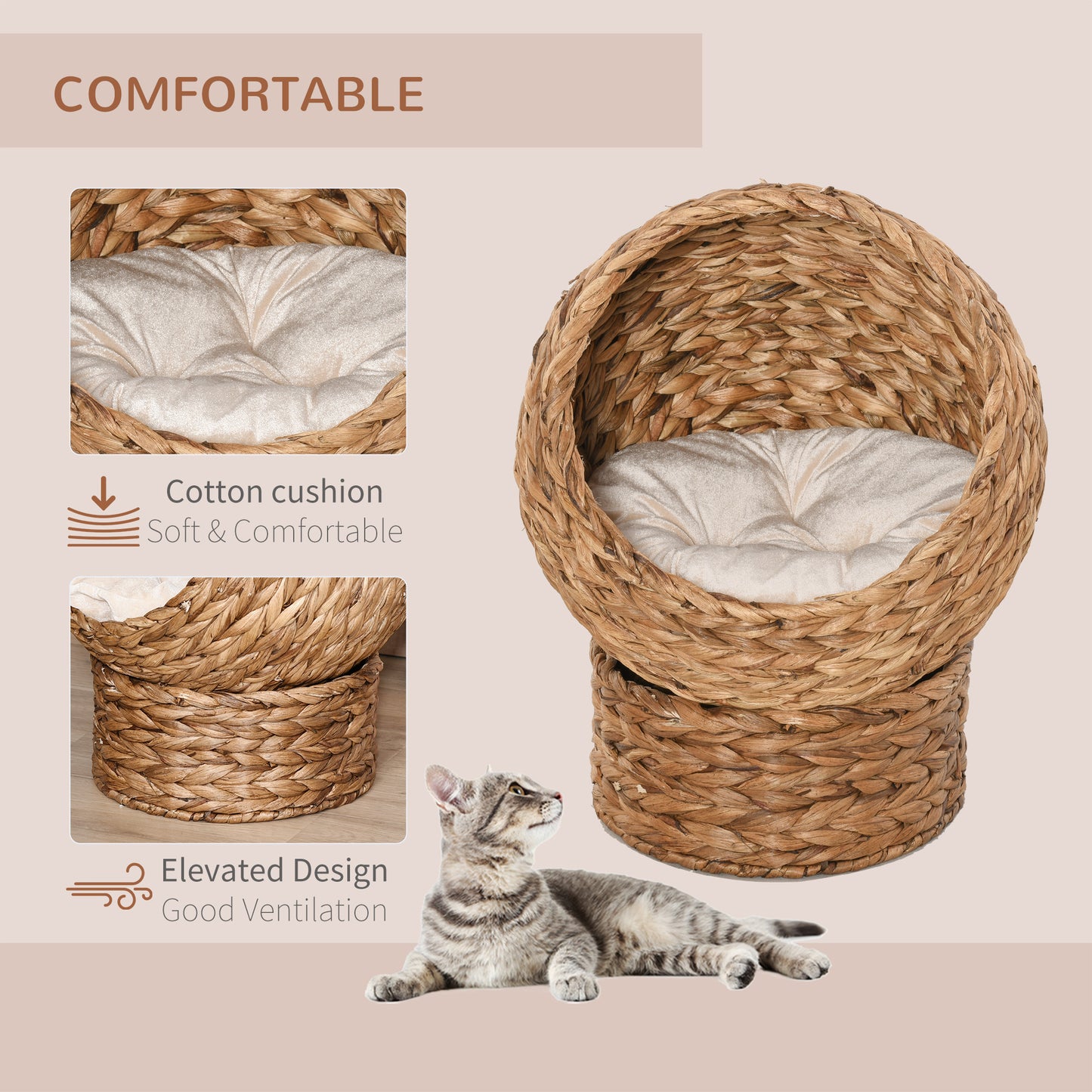 Handwoven Elevated Cat Bed, Egg Chair Shape with Soft Cushion and Stand - Image 7 of 9