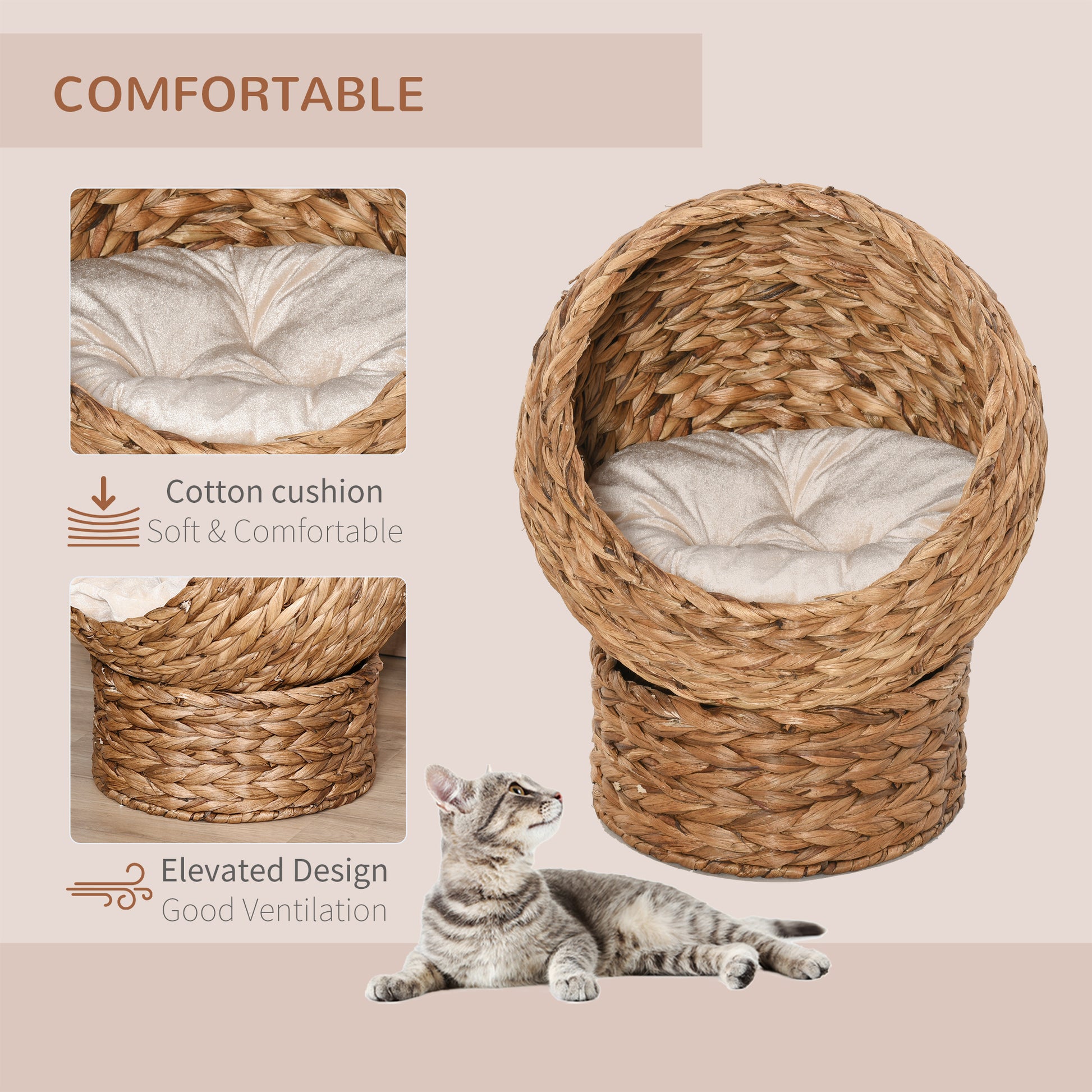 Handwoven Elevated Cat Bed, Egg Chair Shape with Soft Cushion and Stand - Image 7 of 9