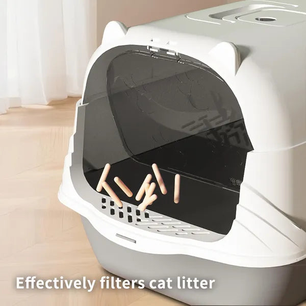 Fully Enclosed Cat Litter Box with Scoop and Litter Mat, Gray - Detailed View