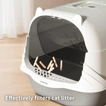 Fully Enclosed Cat Litter Box with Scoop and Litter Mat, Gray - Detailed View