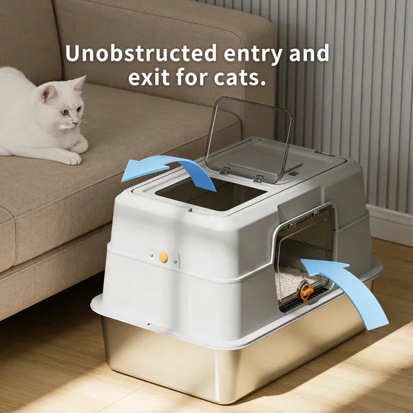 Fully Enclosed Stainless Steel Cat Litter Box, Odor Proof, for Large Cats - Side Angle