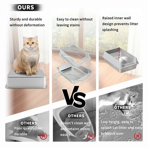 Stainless Steel Cat Litter Box, Non Stick, Scratch Resistant, Easy to Clean - Side Angle