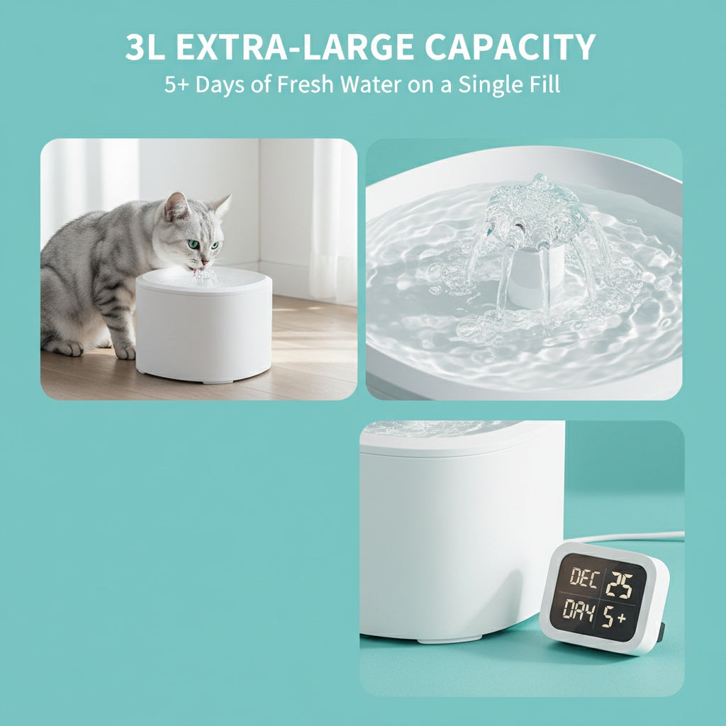 Anti Dry Burn Pet Water Fountain 3L, USB Rechargeable, Motion Sensor - Size Reference