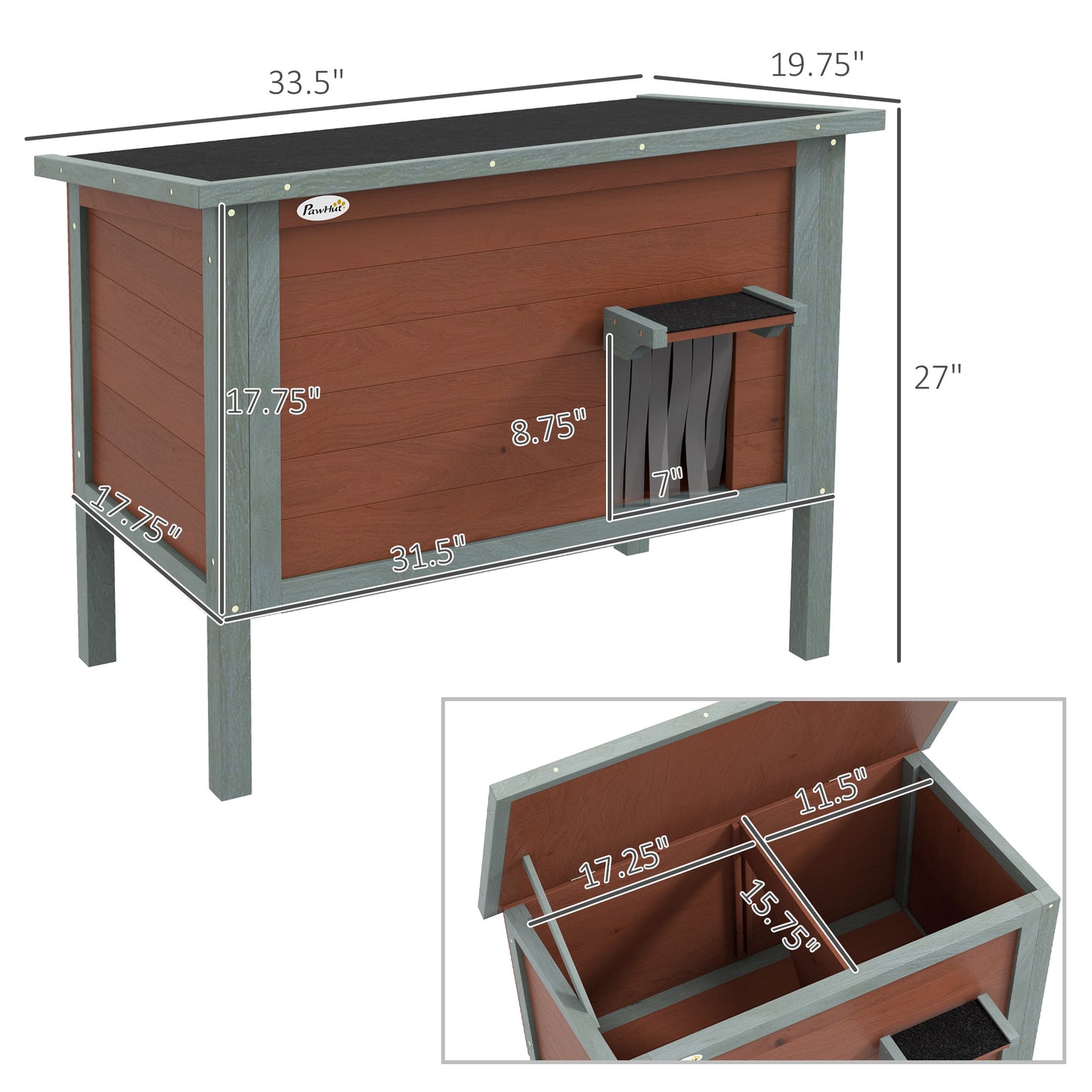 Outdoor Wooden Cat House with Removable Floor, Brown - Side Angle