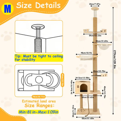 Floor to Ceiling Cat Tree, 6 Level Adjustable Climbing Tower with Hammock - Size Reference