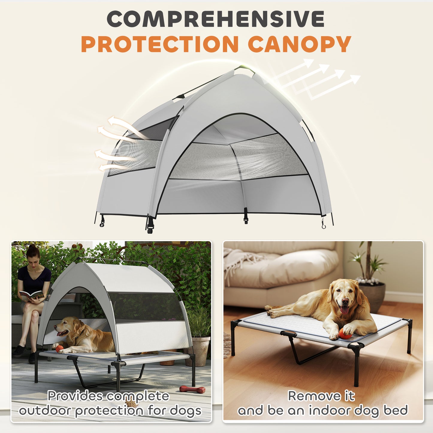 Elevated Dog Bed with Removable Canopy, Cooling Pad and Storage Bag - Detailed View
