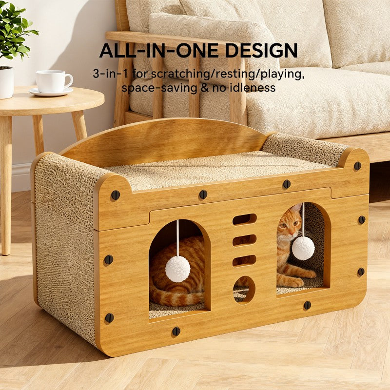 Double Door Cat Scratcher Sofa, 56cm Large Size with 2 Teaser Balls - Detailed View