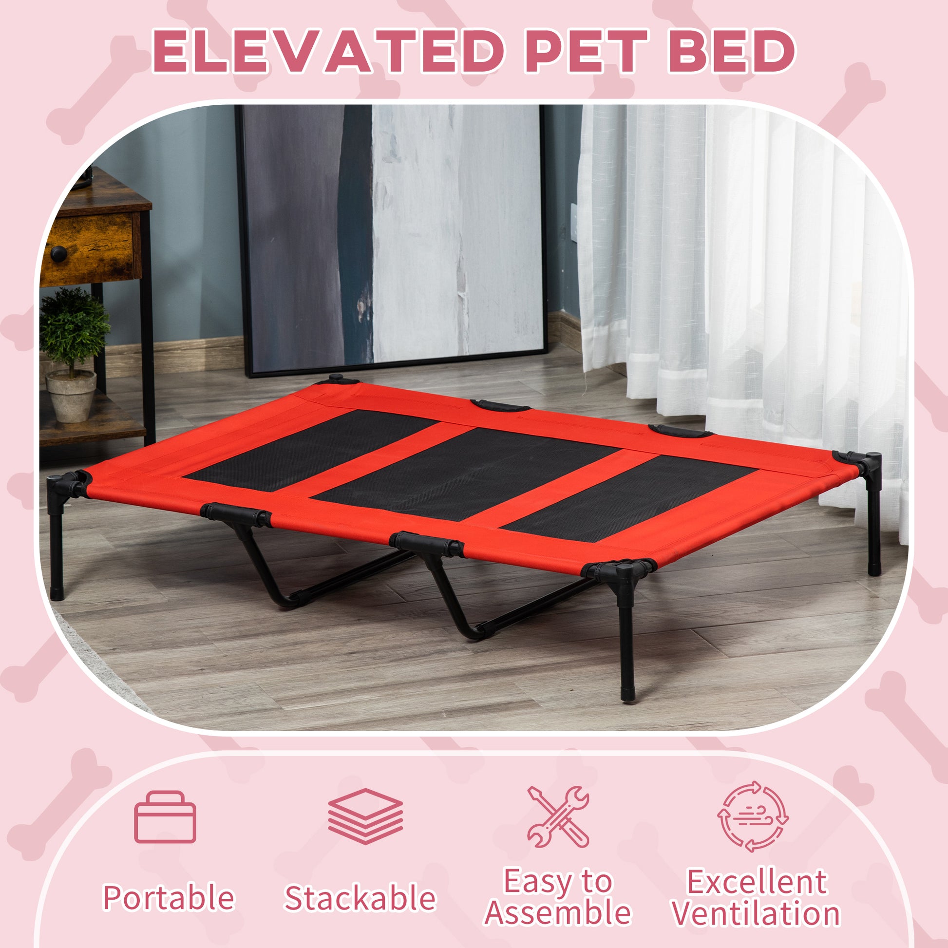 XL Elevated Dog Bed with Carry Bag, Metal Frame, Breathable Mesh, Red - Side Angle
