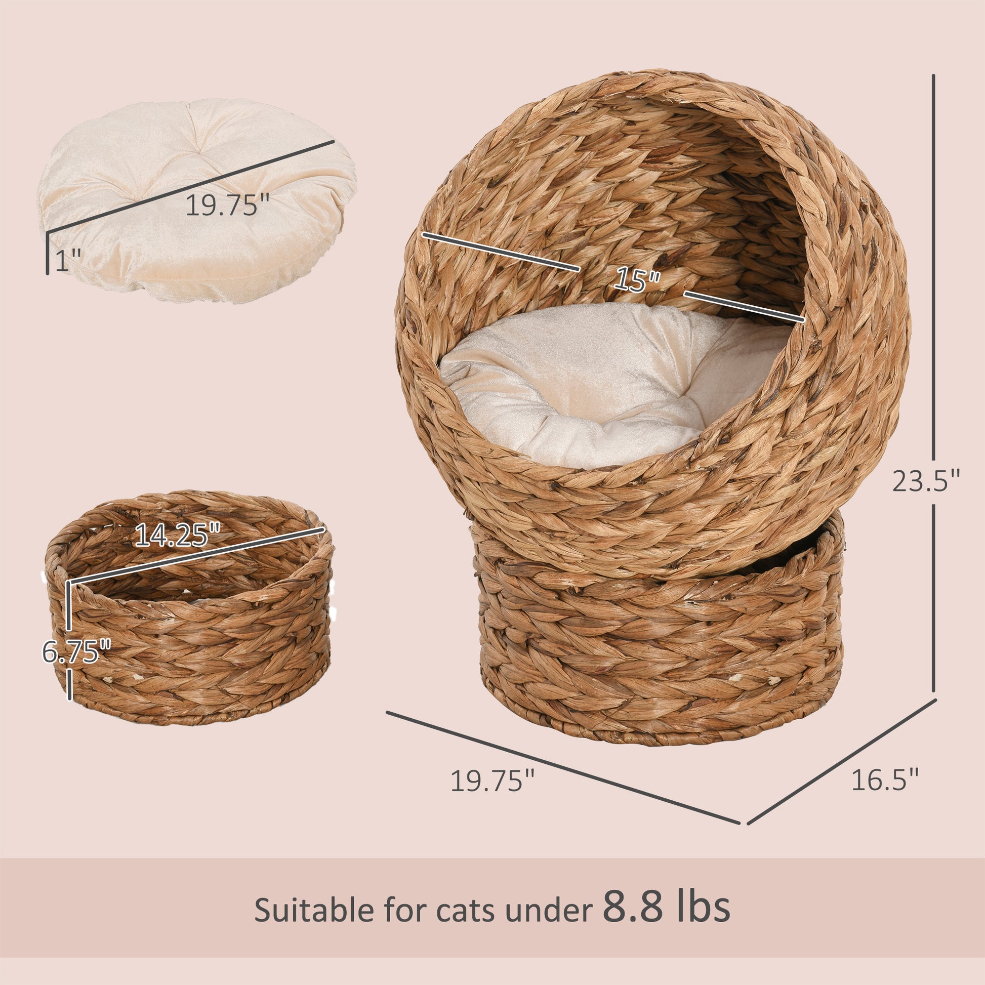 Handwoven Elevated Cat Bed, Egg Chair Shape with Soft Cushion and Stand - Side Angle