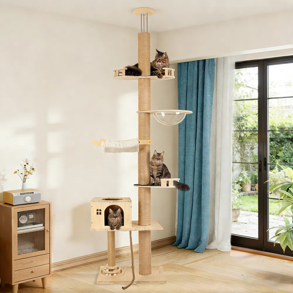 Floor to Ceiling Cat Tree, 6 Level Adjustable Climbing Tower with Hammock - Image 7 of 7