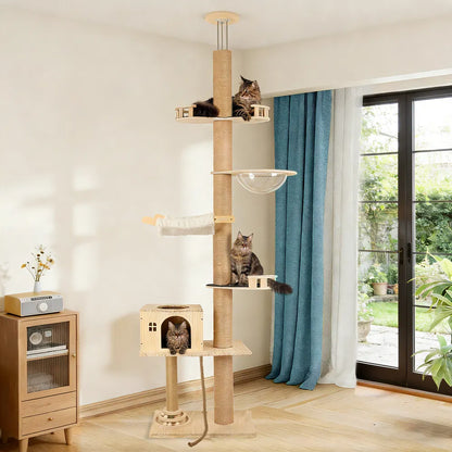 Floor to Ceiling Cat Tree, 6 Level Adjustable Climbing Tower with Hammock - Image 7 of 7