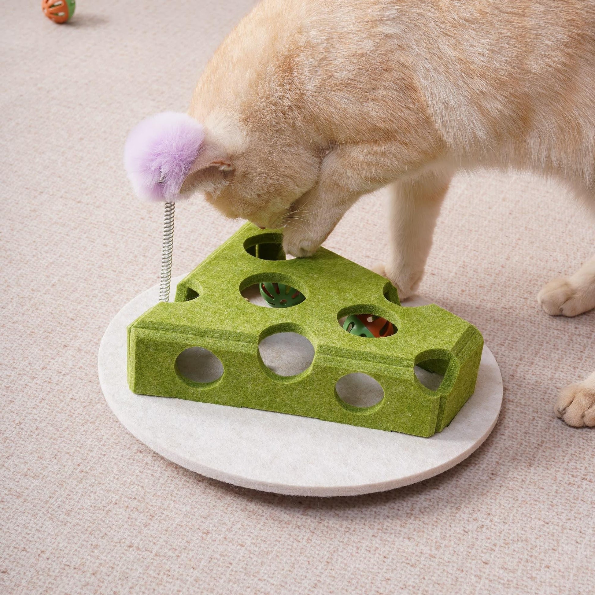 Cat Puzzle Toy Box with Ball and Spring Wand, Suction Cup Base - Detailed View