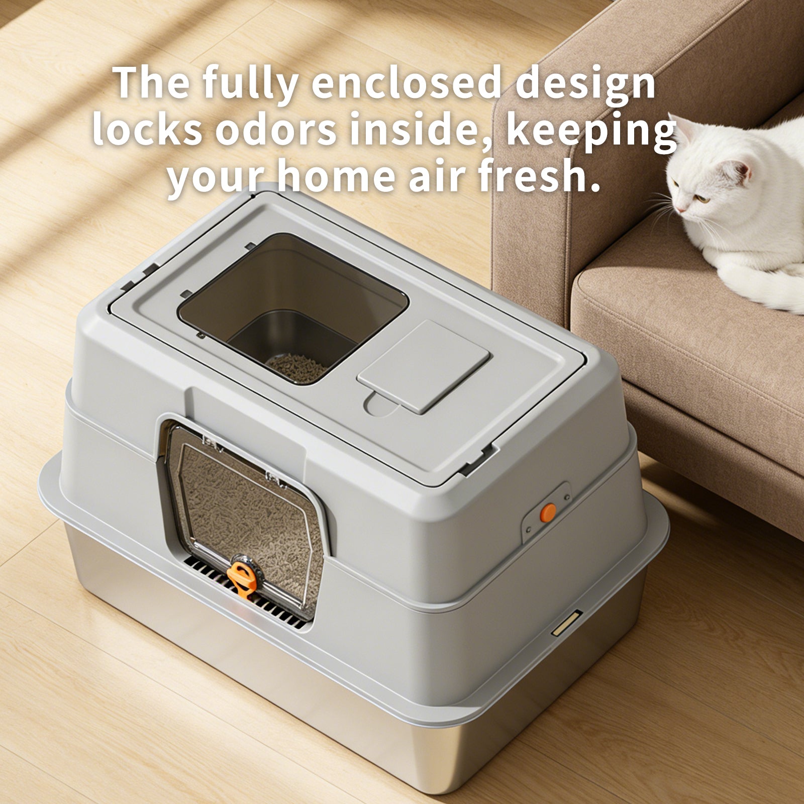 Fully Enclosed Stainless Steel Cat Litter Box, Odor and Splash Proof, for Large Cats - Image 7 of 10