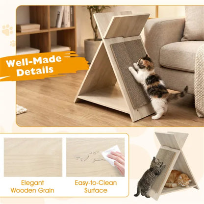 Multi Functional Cat Scratcher with Tunnel and Wooden Lounge - Detailed View