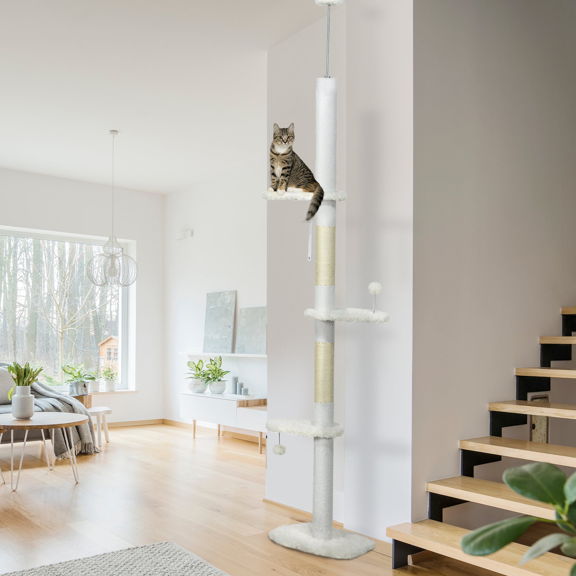 Floor to Ceiling Cat Tree, 8.4 Foot Adjustable Height, White - Main Product Image
