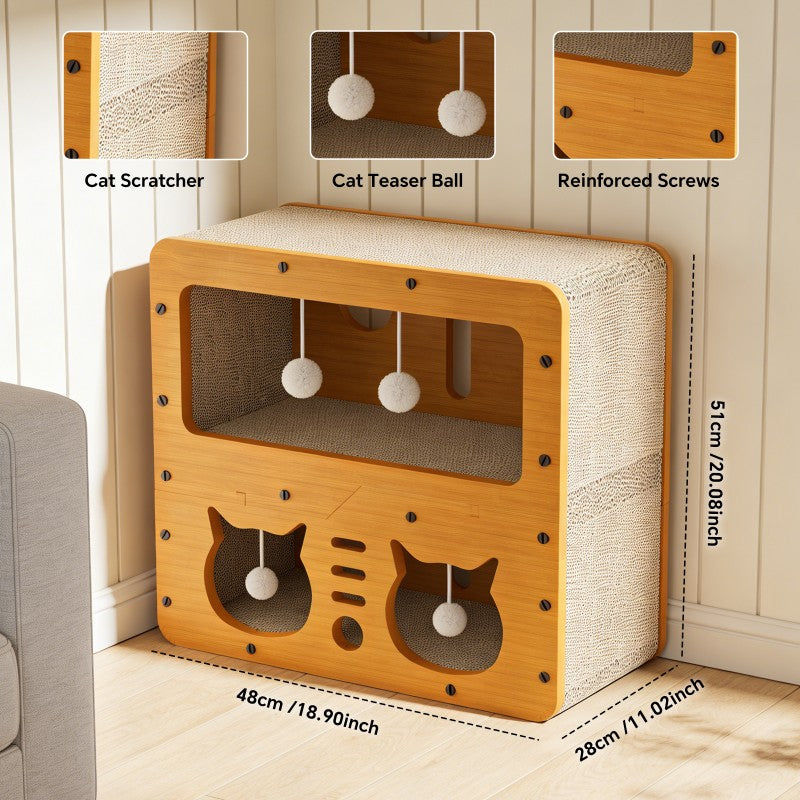 Double Layer Cat Scratcher Sofa with 4 Teaser Balls, Cat Head Design - Main Product Image