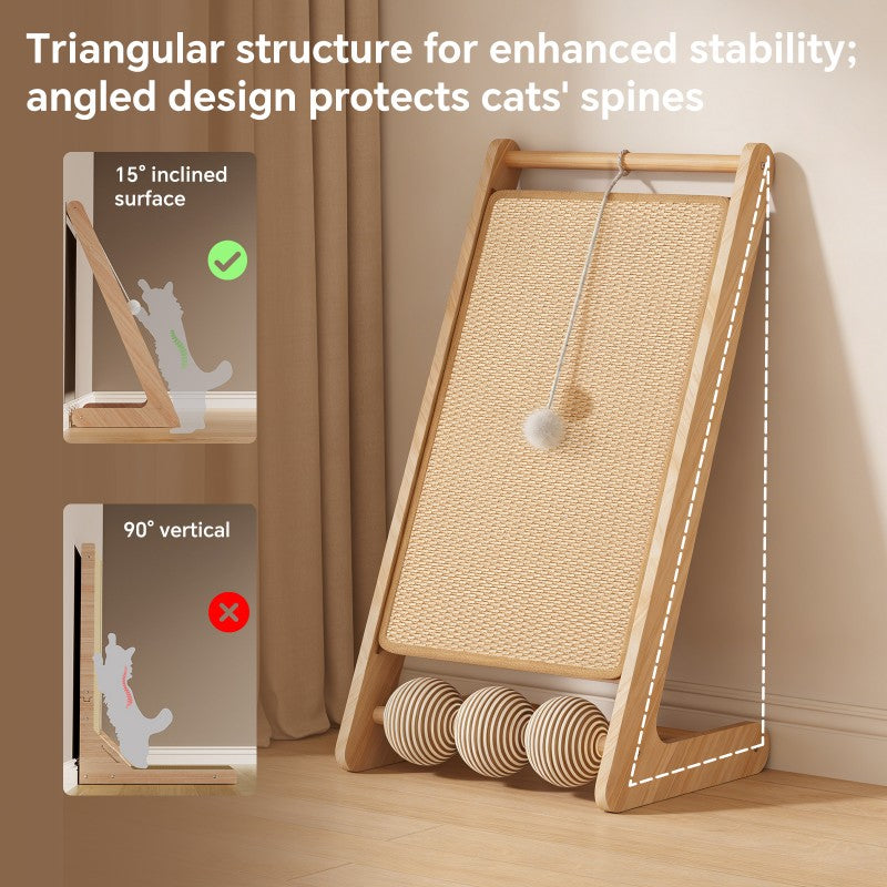 Vertical Sisal Cat Scratcher with Teaser Balls, Wooden Frame - Features and Details