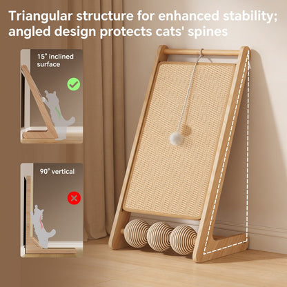 Vertical Sisal Cat Scratcher with Teaser Balls, Wooden Frame - Features and Details