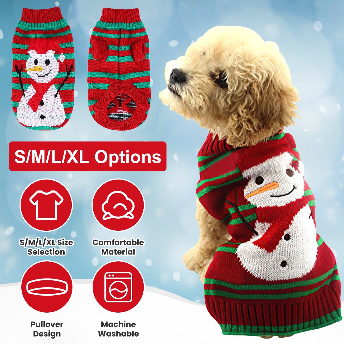 Pet Christmas Turtleneck Sweater with Snowman Stripes for Dogs and Cats - Detailed View