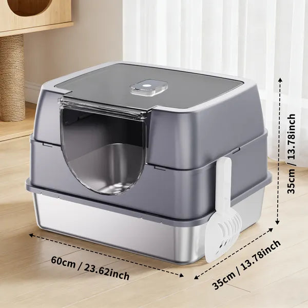 Fully Enclosed Stainless Steel Cat Litter Box, White, Odor Lock, Easy Clean - Side Angle