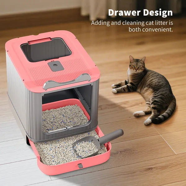 Elf Cat Litter Box, Dual Entry Enclosed, Modern White, Easy Clean Drawer - Detailed View
