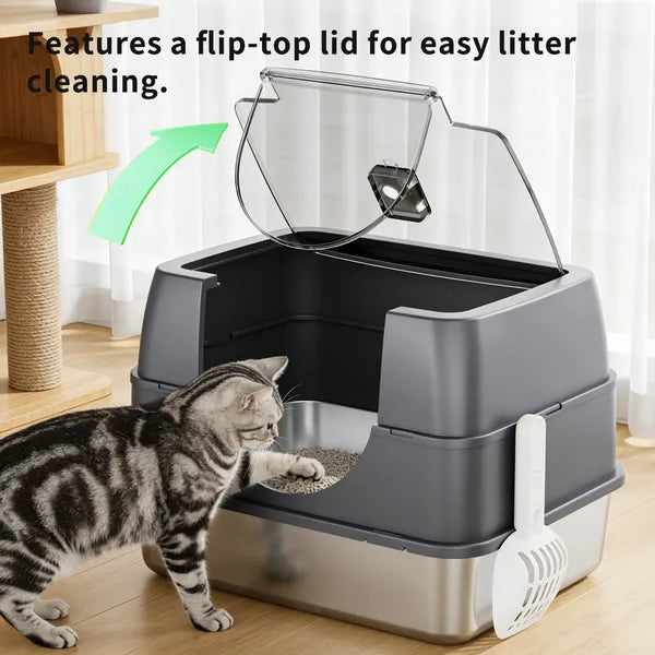 Fully Enclosed Stainless Steel Cat Litter Box, White, Odor Lock, Easy Clean - Features and Details