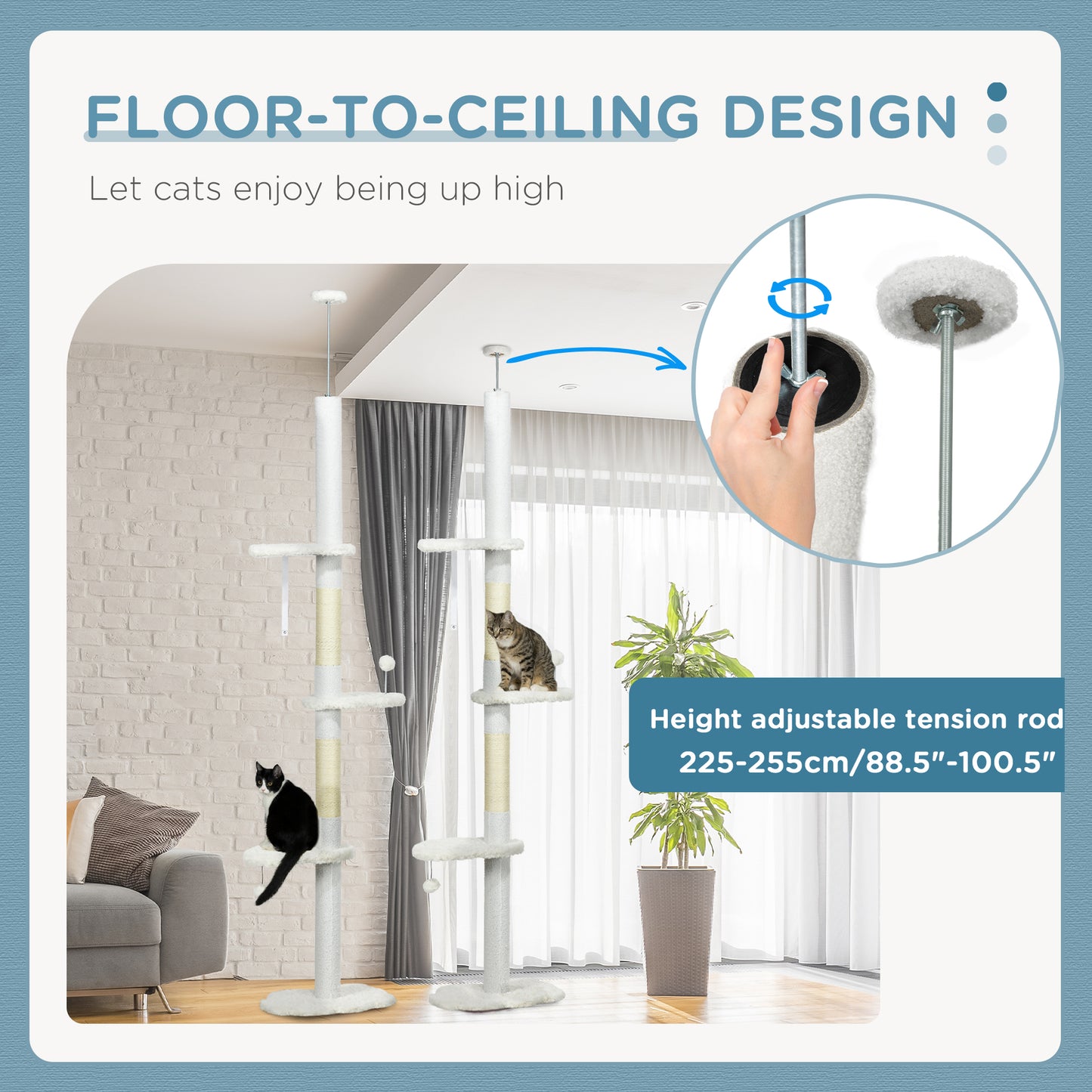 Floor to Ceiling Cat Tree, 8.4 Foot Adjustable Height, White - Detailed View