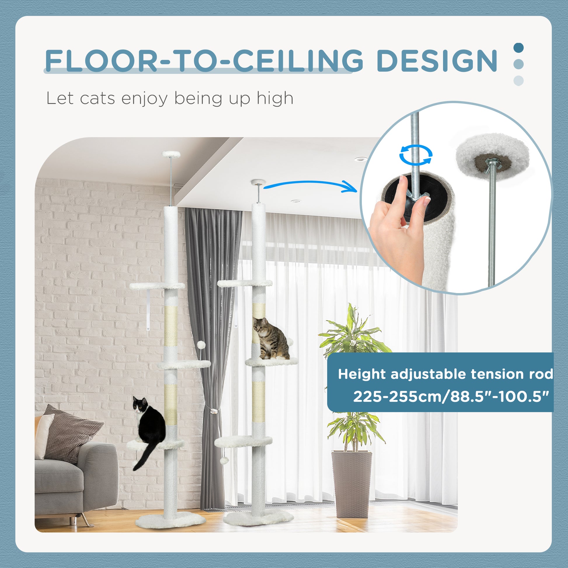 Floor to Ceiling Cat Tree, 8.4 Foot Adjustable Height, White - Detailed View