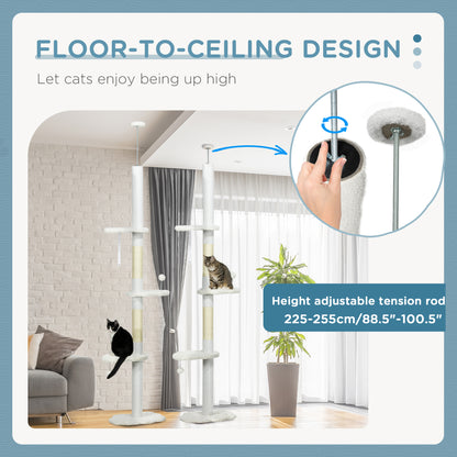 Floor to Ceiling Cat Tree, 8.4 Foot Adjustable Height, White - Detailed View