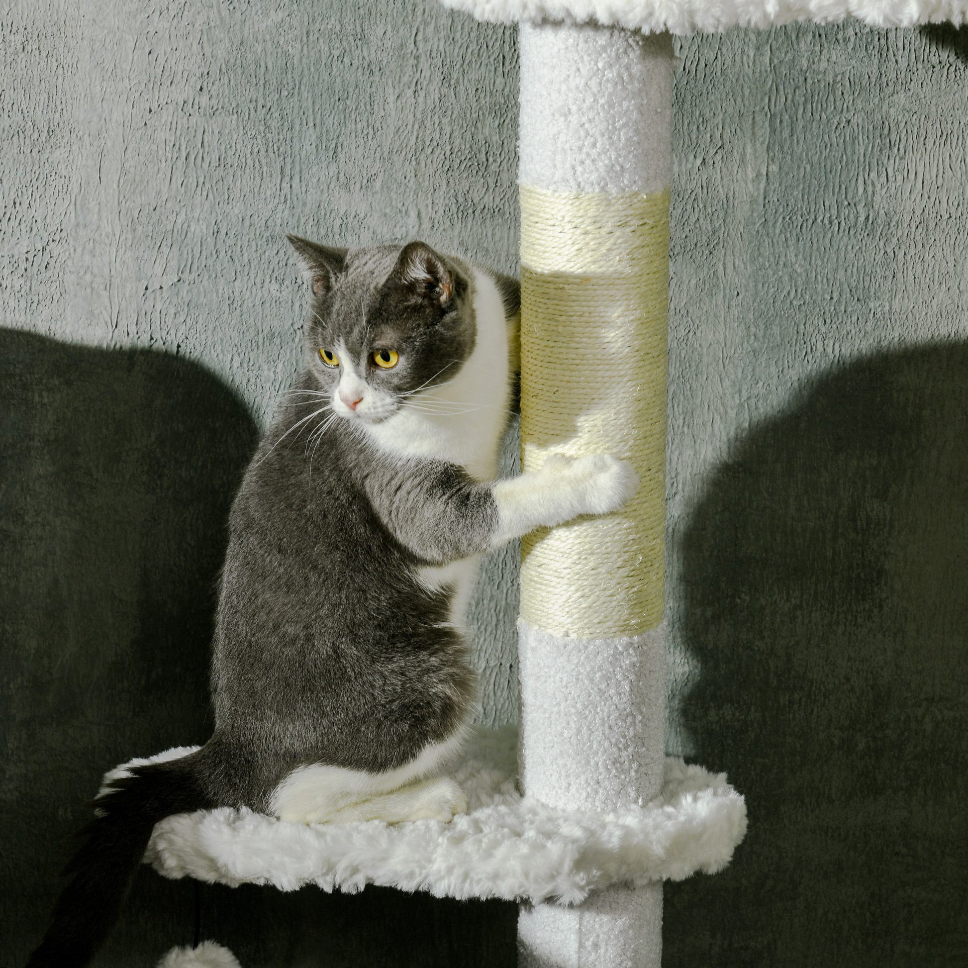 Floor to Ceiling Cat Tree, 8.4 Foot Adjustable Height, White - Side Angle
