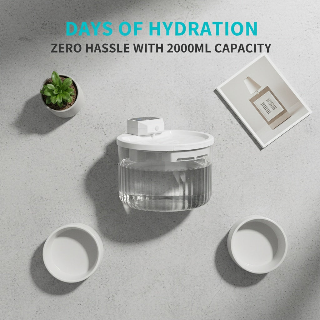 Wireless Pet Water Fountain 2000ML, Rechargeable with Motion Sensor - Side Angle