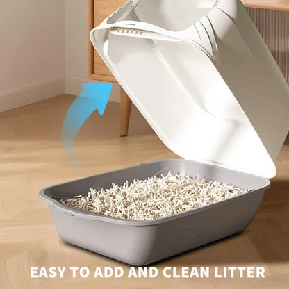 Fully Enclosed Cat Litter Box with Scoop and Litter Mat, Gray - Side Angle