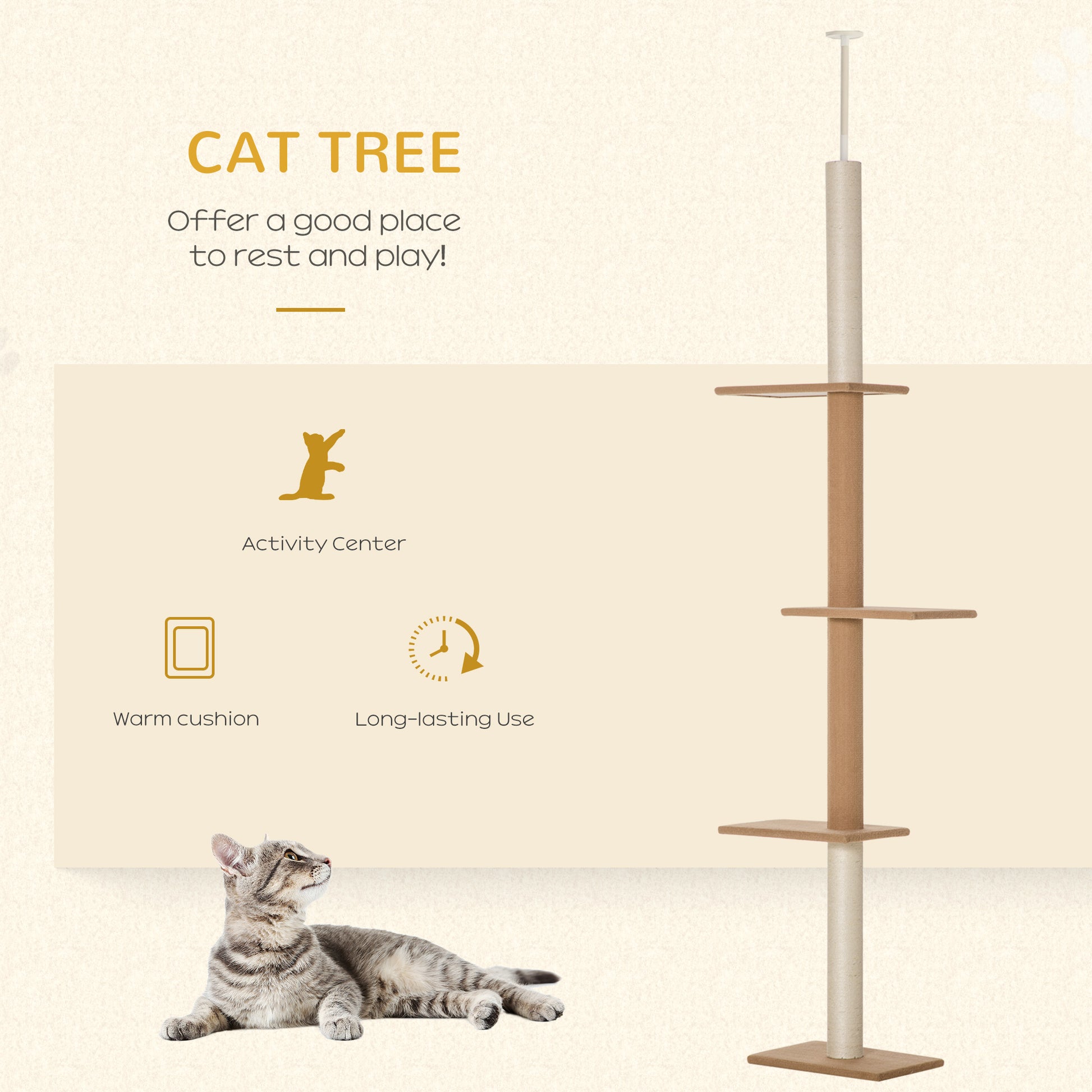 Floor to Ceiling Cat Tree with Sisal Scratching Posts, Natural Wood Activity Center - Image 8 of 9