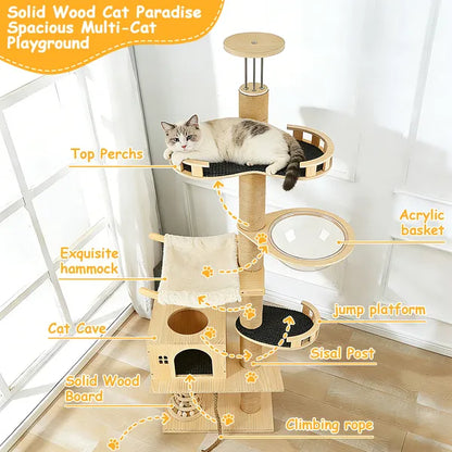 Floor to Ceiling Cat Tree, 6 Level Adjustable Climbing Tower with Hammock - Features and Details