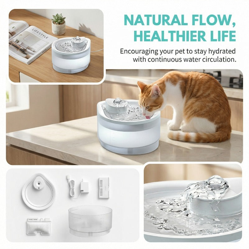 Automatic Pet Water Fountain 2.5L, USB Powered, Circulating Water Bowl - Side Angle