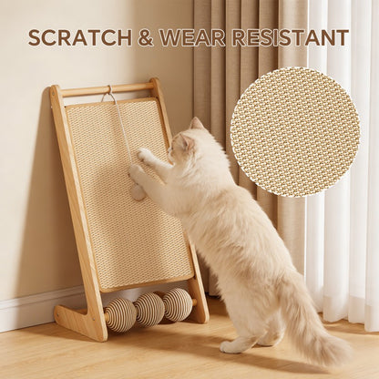 Vertical Sisal Cat Scratcher with Teaser Balls, Wooden Frame - Side Angle
