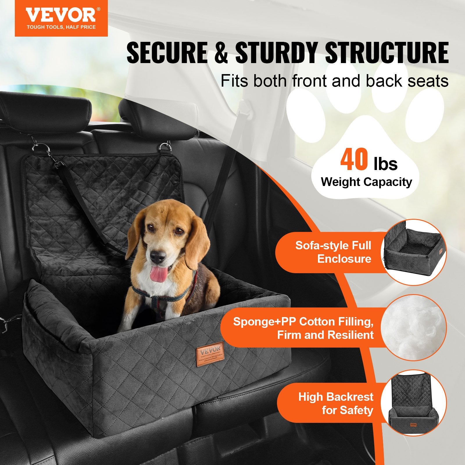 Dog Booster Car Seat for Small and Medium Dogs up to 40 lbs, Black - Side Angle