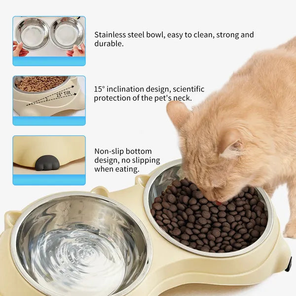 Dual Stainless Steel Pet Bowls 600ml, Non Slip, Dishwasher Safe, Macaron Pink - Size Reference