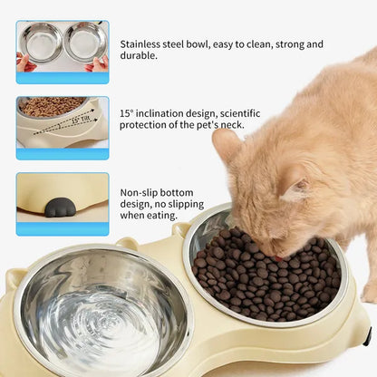Dual Stainless Steel Pet Bowls 600ml, Non Slip, Dishwasher Safe, Macaron Pink - Size Reference
