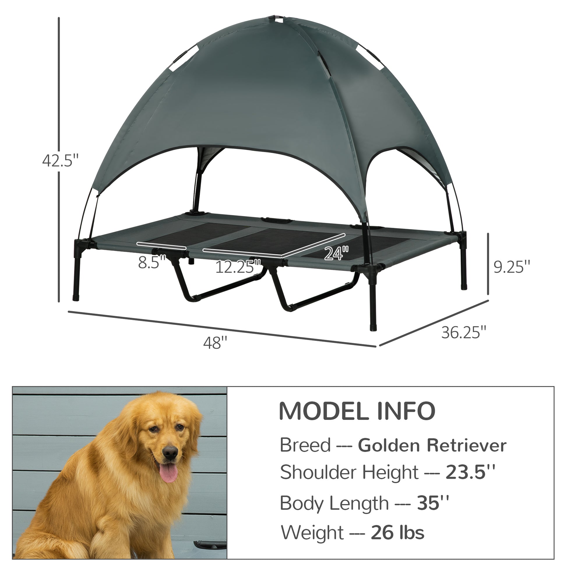Elevated Dog Bed 48 x 36 Inch with UV Protection Canopy Shade - Size Reference